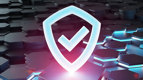 Black blue pink shield icon on hexagons background 3D rendering