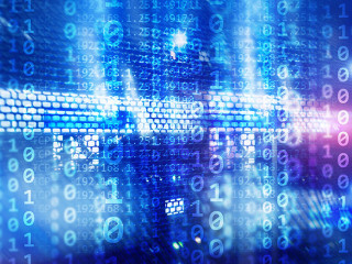 Binary code matrix digital internet technology concept on server room background.