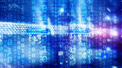 Binary code matrix digital internet technology concept on server room background.