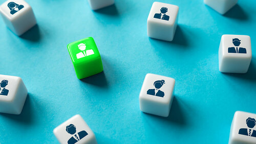 The right person highlighted in red. HR search for new employees for the job position. Select and recruit employees. Talented and promising. Human resources and the labor market. Requires attention.