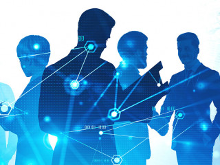 Man with clipboard and his team in city, network