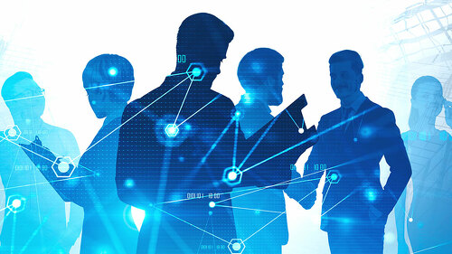 Man with clipboard and his team in city, network
