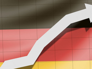 Arrow up on the flag of Germany as background