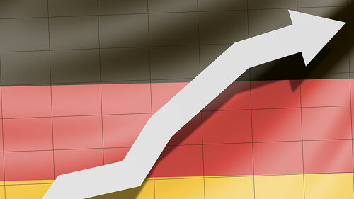 Arrow up on the flag of Germany as background