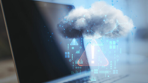 Close up of laptop on desktop with abstract hologram raining cloud on blurry background. Data, information leak, security and theft concept. Double exposure.