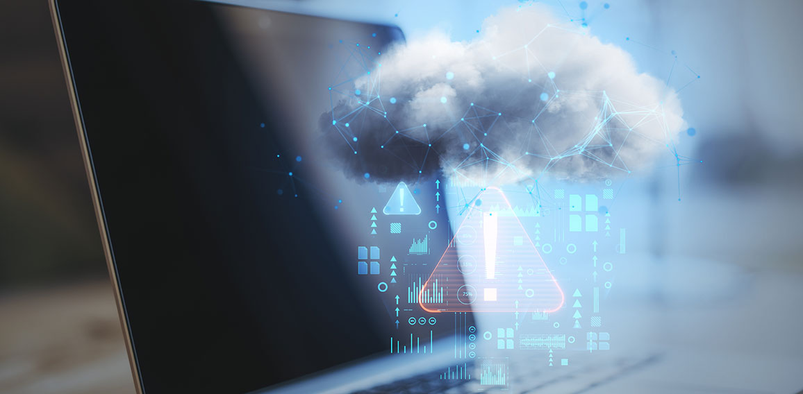 Close up of laptop on desktop with abstract hologram raining cloud on blurry background. Data, information leak, security and theft concept. Double exposure.