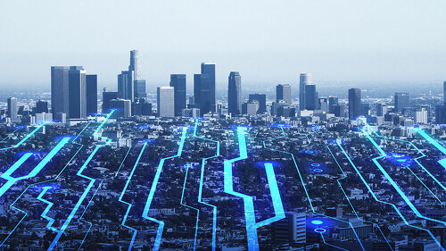 Internet of things, high speed connection and smart city concept with digital circuit lines covering megapolis city on blue sky background, double exposure