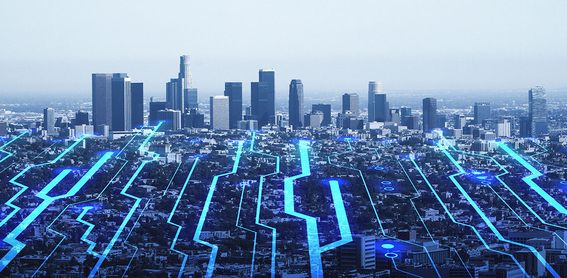 Internet of things, high speed connection and smart city concept with digital circuit lines covering megapolis city on blue sky background, double exposure