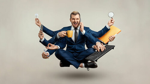 Businessman with many hands in a suit. Works simultaneously with several objects, a mug, a magnifying glass, papers, a contract, a telephone. Multitasking, efficient business worker concept.