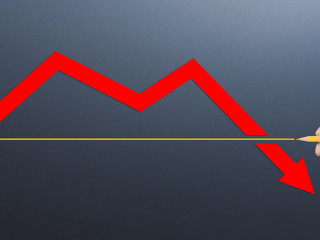 Red arrow pointing down. Investment, stock decline, depressed ec