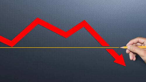 Red arrow pointing down. Investment, stock decline, depressed ec