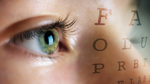 Eye of woman on background Snellen table