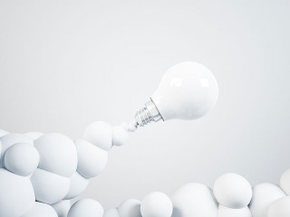 Launched lightbulb, clouds, white background. Innovation concept