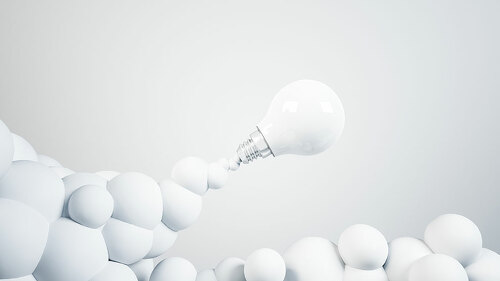 Launched lightbulb, clouds, white background. Innovation concept