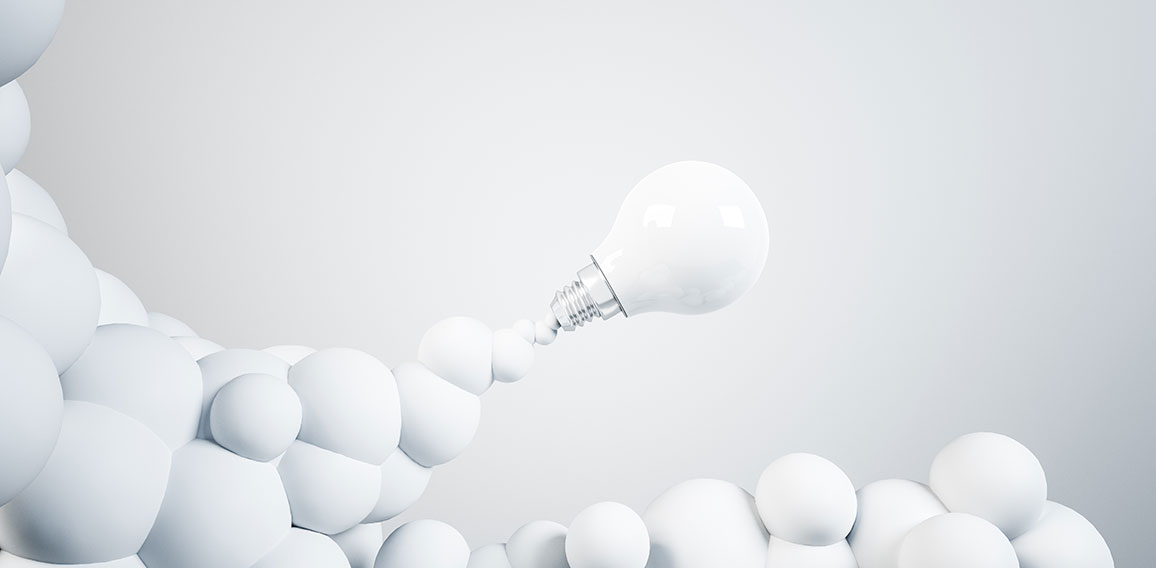 Launched lightbulb, clouds, white background. Innovation concept