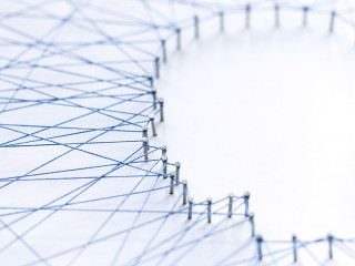 Human head shape made from a large grid of pins connected with s