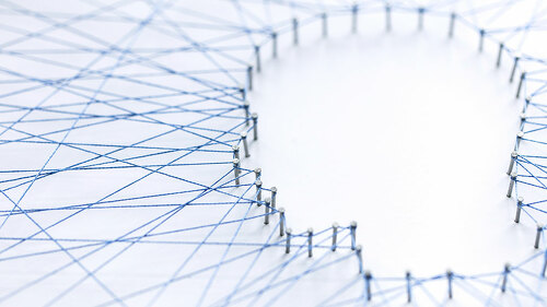 Human head shape made from a large grid of pins connected with s