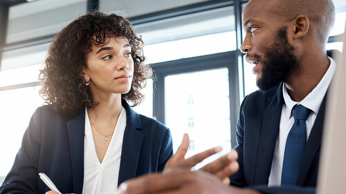 Planning, strategy and meeting black people or clients b2b documents, finance review and contract discussion. Accountant, financial advisor or business employee with partner investment at USA company