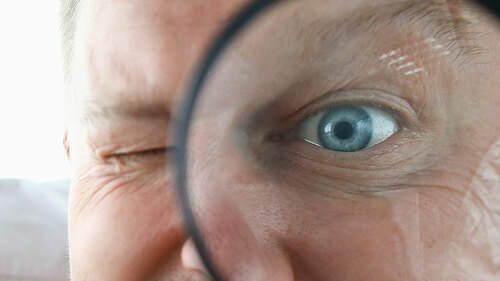 Smiling businessman hold magnifying glass