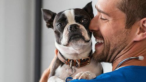 Vet cuddling pet dog