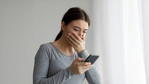 Upset depressed millennial pretty woman covering her mouth with hand and looking at phone