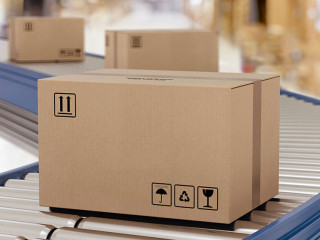 Cardboard boxes on conveyor rollers ready to be shipped by courier for distribution.