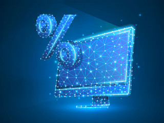 Computer monitor, percent market symbol. Devices, calculation, discount, concept. Abstract, digital, wireframe, low poly mesh, vector blue neon 3d illustration. Triangles, lines, dots, stars