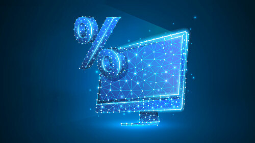 Computer monitor, percent market symbol. Devices, calculation, discount, concept. Abstract, digital, wireframe, low poly mesh, vector blue neon 3d illustration. Triangles, lines, dots, stars