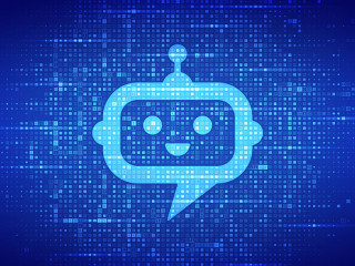 Robot chatbot head icon sign made with binary code. Chatbot assistant application. AI concept. Digital binary data and streaming digital code. Matrix background with digits 1.0. Vector Illustration.