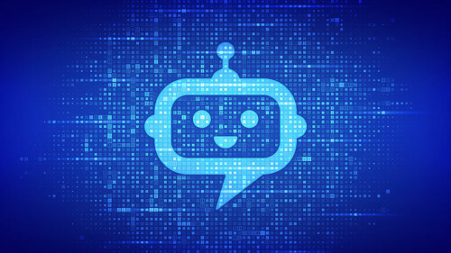 Robot chatbot head icon sign made with binary code. Chatbot assistant application. AI concept. Digital binary data and streaming digital code. Matrix background with digits 1.0. Vector Illustration.