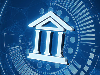 Creative polygonal circuit banking hologram on blue wallpaper. Digital transformation and online bank concept. 3D Rendering.