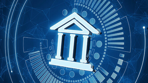 Creative polygonal circuit banking hologram on blue wallpaper. Digital transformation and online bank concept. 3D Rendering.