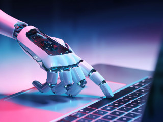 Robotic hand pressing a keyboard on a laptop 3D rendering