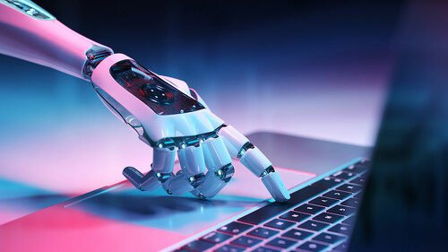 Robotic hand pressing a keyboard on a laptop 3D rendering