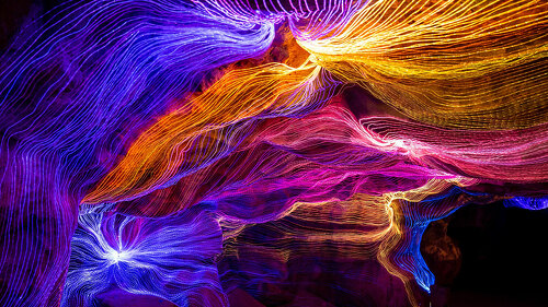 Abstract wave of digital weave lines connecting network dots and dark background