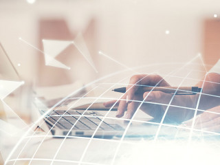 Double exposure of woman hands working on computer and world map hologram drawing. International technology business concept.