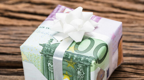 Gift Box Made From Euro Papernotes On Table