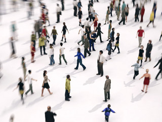 Fast zoom focus on a large group of people on white background. 3D Rendering.