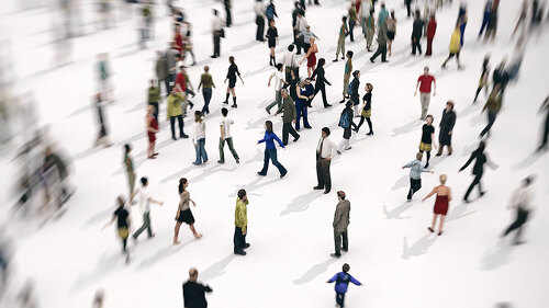 Fast zoom focus on a large group of people on white background. 3D Rendering.