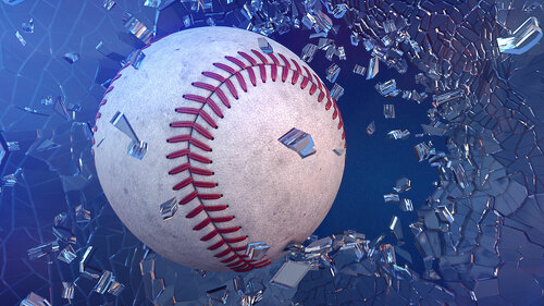 Baseball through broken glass.