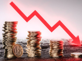Stacks of euro coins in descending order, conceptualizing the euro crisis. 3d render