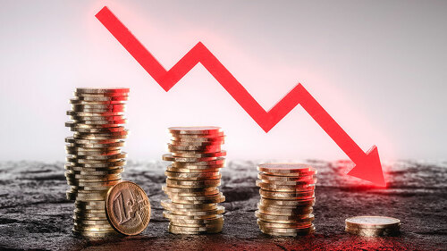 Stacks of euro coins in descending order, conceptualizing the euro crisis. 3d render