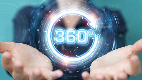 Woman using 360 degree virtual reality neon interface 3D renderi