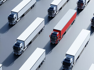 Fleet of new heavy trucks with one selected. Transportation