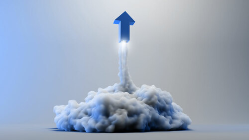 Explosion simulation with arrow sign, original 3d rendering illu