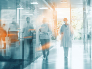 Interior of doctor and patient people in hospital corridor for background, Health care and medical technology concept. Motion blur effect.