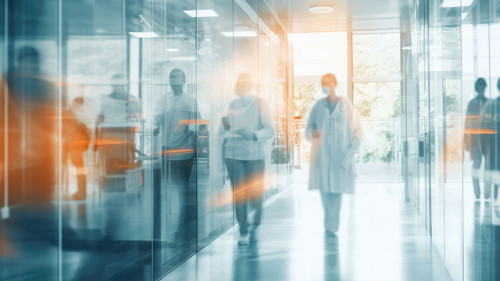 Interior of doctor and patient people in hospital corridor for background, Health care and medical technology concept. Motion blur effect.