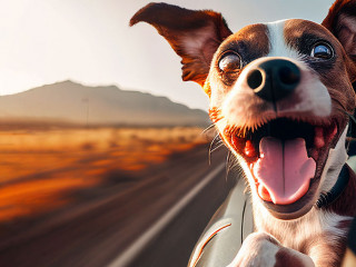 happy dog with head out of the car window having fun