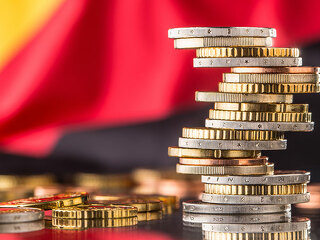 National flag of germany and euro coins - concept. Euro coins. E