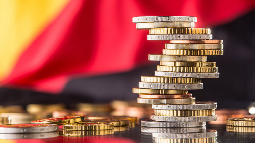 National flag of germany and euro coins - concept. Euro coins. E